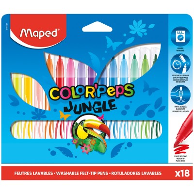 Фломастеры Maped "Jungle", 18цв., смываемые, картон, европодвес Артикул 845421