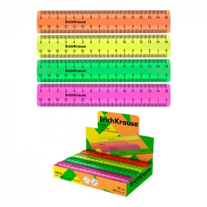 Линейка пластиковая ErichKrause® Neon, 15см, ассорти из 4 цветов, в коробке-дисплее