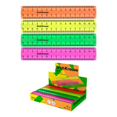 Линейка пластиковая ErichKrause® Neon, 15см, ассорти из 4 цветов, в коробке-дисплее Артикул 52997