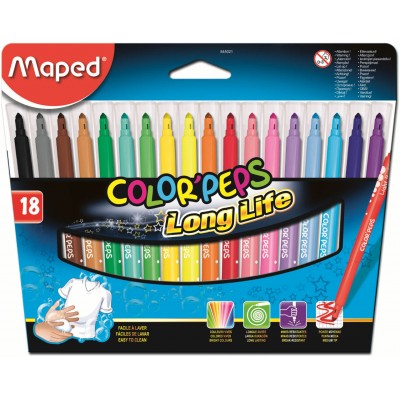 Фломастеры Maped "Long Life", 18цв., трехгранные, смываемые, картон, европодвес Артикул 845021