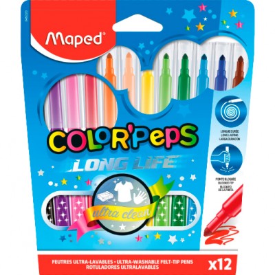 COLOR'PEPS Фломастеры с треуг. Заблок. пишущим узлом, треугольный корпус, супер смыв., в карт. футляре, 12 цв. Артикул 845020