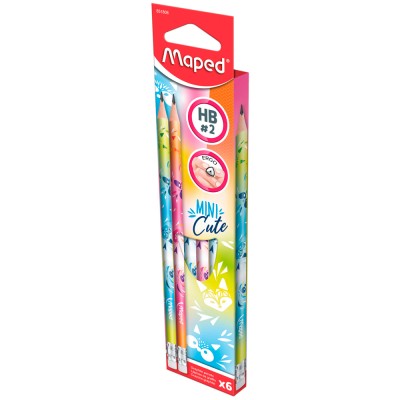 MINI CUTE Карандаш чернографитный декорированный с ластиком, пластиковый, HB, треугольный, в упаковке с подвесом, 6 шт. Артикул 851808