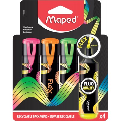 FLUO PEP'S FLEX Текстовыделитель, гибкий наконечник, пишущий узел 1-5мм, 4 штуки, цв. ассорти, в блистере Артикул 740300