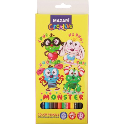 Карандаши цветные деревянные MONSTER, 12 цв., шестигранный корпус, d грифеля = 2.65 мм, картонная упаковка с европодвесом Артикул M-6186-12