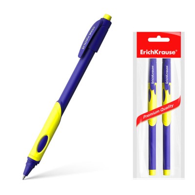 Ручка шариковая ErichKrause® ErgoLine® Kids, Ultra Glide Technology, цвет чернил синий (в пакете по 2 шт.) желтая грип-зона Артикул 58524