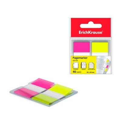 Закладки пластиковые c клеевым краем ErichKrause® Neon, 25х44 мм, 40 листов, 2 цвета: желтый, розовый Артикул 31181