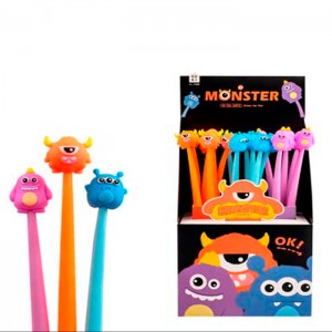 Ручка гелевая MONSTER, СИНЯЯ, игольчатый пиш. узел 0.5 мм, цветной пластиковый корпус, сменный стержень, ассорти 3 дизайна, картонный дисплей
