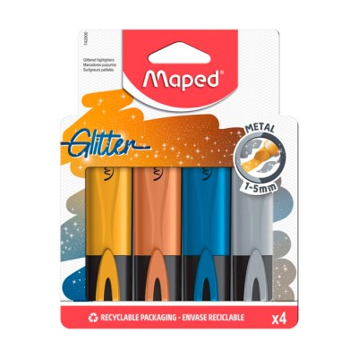 Текстовыделитель с блестками FLUO PEP'S GLITTER, пишущий узел 1-5мм, 4 цвета металлик, в блистере Артикул 742000