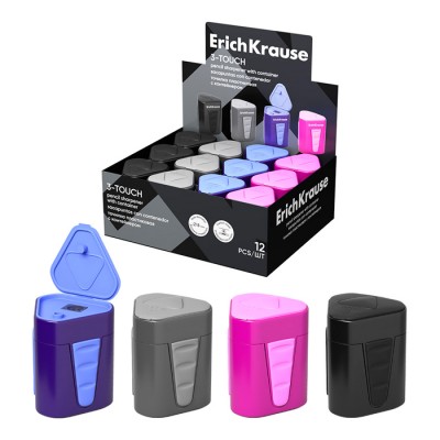Пластиковая точилка ErichKrause® 3-Touch с контейнером и крышкой, цвет корпуса ассорти  (в коробке по 12 шт.) Артикул 33615