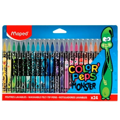 Фломастеры с заблокированным пишущим узлом COLOR'PEPS MONSTER, средний пишущий узел, смываемые, декорированные, в картонном футляре, 24 цвета ( Артикул 845401