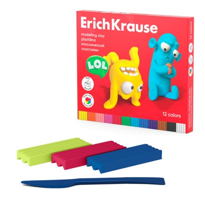Пластилин классический ErichKrause Jolly Friends 12 цветов со стеком, 216 г (в коробке 12 шт) Артикул 61347