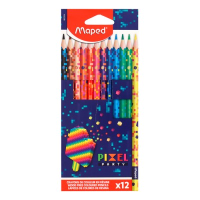 862204 PIXEL PARTY Цветные карандаши, пластиковые, треугольные, декорированные, 12 цветов, в картонной коробке с подвесом  Артикул 862204