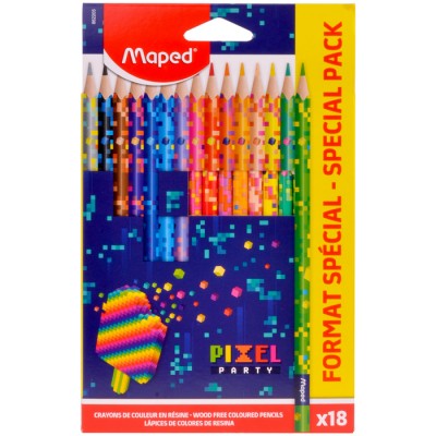 862205 PIXEL PARTY Цветные карандаши, пластиковые, треугольные, декорированные, 18 цветов, в картонной коробке с подвесом Артикул 862205