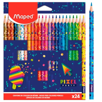 862206 PIXEL PARTY Цветные карандаши, пластиковые, треугольные, декорированные, 24 цвета, в картонной коробке с подвесом Артикул 862206