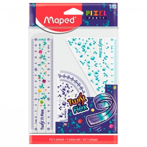 981835 PIXEL PARTY TWIST'N FLEX Набор гибких декорированных чертежных инструментов мини: линейка 15 см, угольник 15 см, транспортир 10 см, в упаковке 