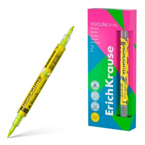 Двухсторонний текстмаркер ErichKrause  Visioline V-16 Brush Neon, цвет чернил желтый (в коробке по 12 шт.)