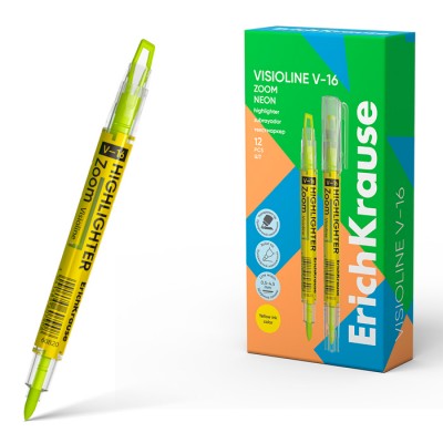 Двухсторонний текстмаркер ErichKrause  Visioline V-16 Zoom Neon, цвет чернил желтый (в коробке по 12 шт.)