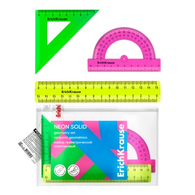 Набор геометрический малый пластиковый ErichKrause Neon Solid, (линейка, угольник, транспортир), ассорти (в пакете по 20 шт)