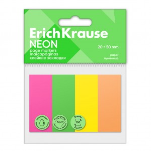 Клейкие закладки бумажные ErichKrause Neon, 20x50 мм, 200 листов, 4 цвета