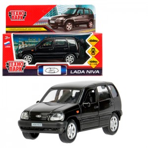 Машина металл LADA NIVA длина 12 см, двери, багаж, инерц, черный, кор. Технопарк
