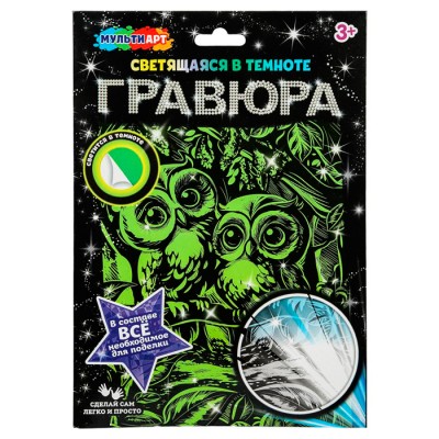 Гравюра, светящаяся в темноте совушки 18*24 см сокушки МУЛЬТИ АРТ