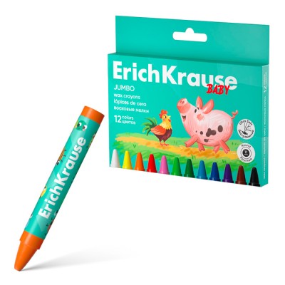Восковые мелки ErichKrause Baby Jumbo утолщенные круглые, 11 мм, 12 цветов (в коробке с европодвесом 12 шт)