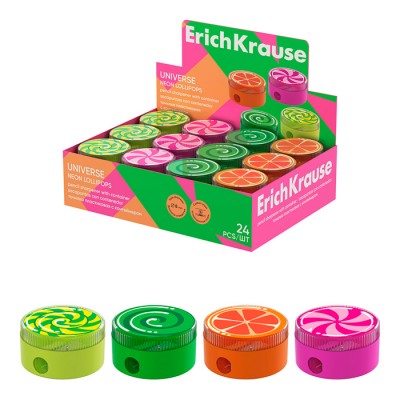 Точилка пластиковая ErichKrause Universe, Neon Lollipops, с контейнером, ассорти (в коробке-дисплее по 24 шт)