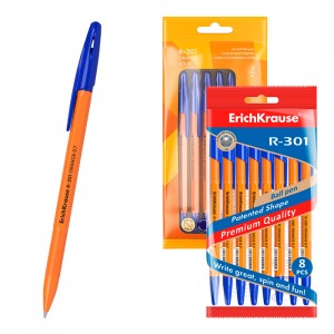 Набор из 8 ручек шариковых ErichKrause R-301 Stick Orange 0.7, цвет чернил синий (в пакете)