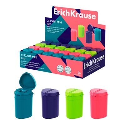 Точилка пластиковая ErichKrause ClickUp Mini, Reef, с контейнером, ассорти (в коробке-дисплее по 24 шт)
