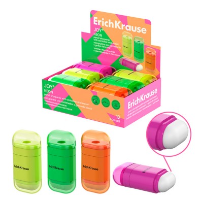 Точилка пластиковая ErichKrause JOY®, Neon, с контейнером и ластиком, ассорти (в коробке-дисплее по 12 шт)