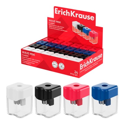 Точилка пластиковая ErichKrause Wave Mini, Classic, с контейнером, ассорти (в коробке-дисплее по 24 шт)