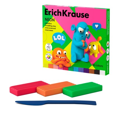 Пластилин классический ErichKrause Jolly Friends Neon 12 цветов со стеком, 216 г (в коробке 12 шт)