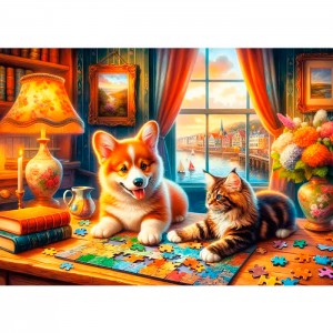 Пазлы 1000 элементов 16+. Коти щенок за пазлами