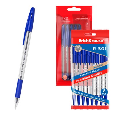 Набор из 8 ручек шариковых ErichKrause R-301 Stick&Grip Classic 1.0, цвет чернил синий