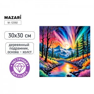 Алмазная мозаика СЕВЕРНОЕ СИЯНИЕ, деревянный подрамник, холст 30X30 см, частичная выкладка