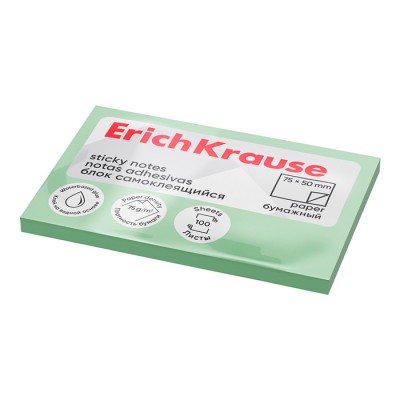 Блок самоклеящийся бумажный ErichKrause 75х50 мм, 100 листов, зеленый