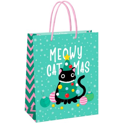 Пакет подарочный 26*32*12см MESHU "Meowy Christmas", выборочный лак, матовая ламинация